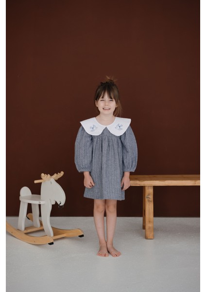 Birde Kuş Nakışlı Lacivert Uzun Kollu Elbise fırsatları