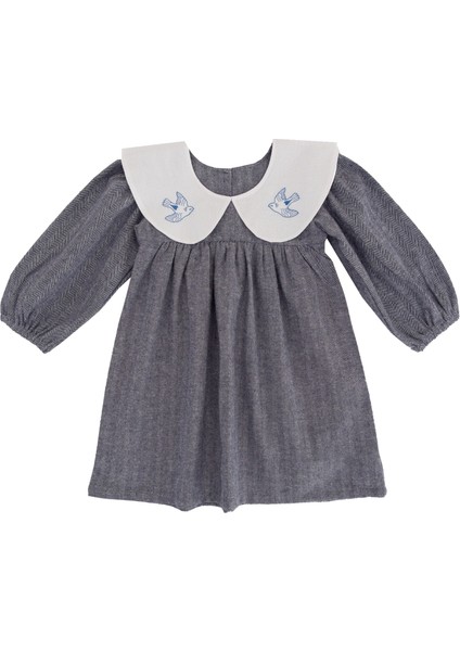 Birde Kuş Nakışlı Lacivert Uzun Kollu Elbise