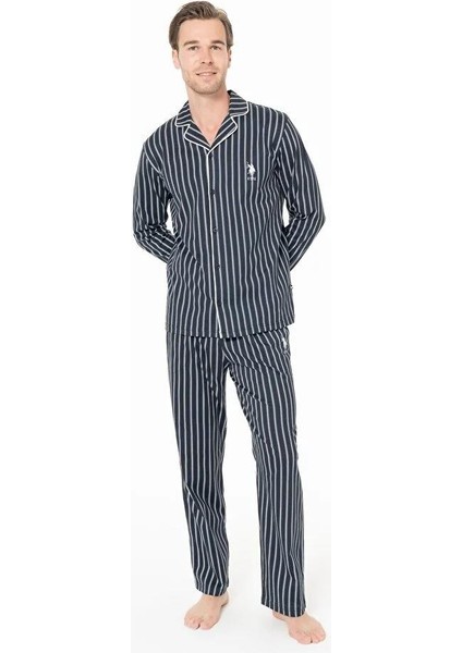 Erkek Lacivert Renk Beyaz Çizgili Düğmeli Yaka Uzun Kollu Düz Paça Önden Düğmeli Pijama Takımı C3T9N981