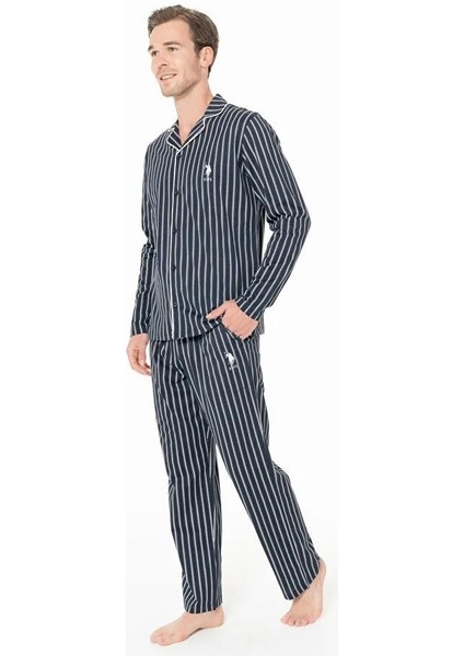 Erkek Lacivert Renk Beyaz Çizgili Düğmeli Yaka Uzun Kollu Düz Paça Önden Düğmeli Pijama Takımı C3T9N981 fiyatları
