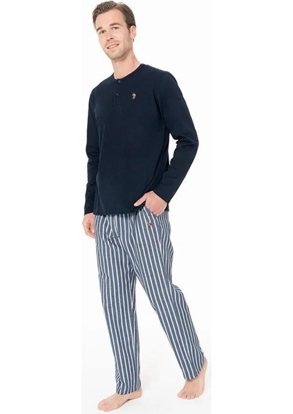 Erkek Lacivert Renk Düğmeli Yaka Uzun Kollu Çizgili Alt Düz Paça Pijama Takımı C7T8N981 fiyatları
