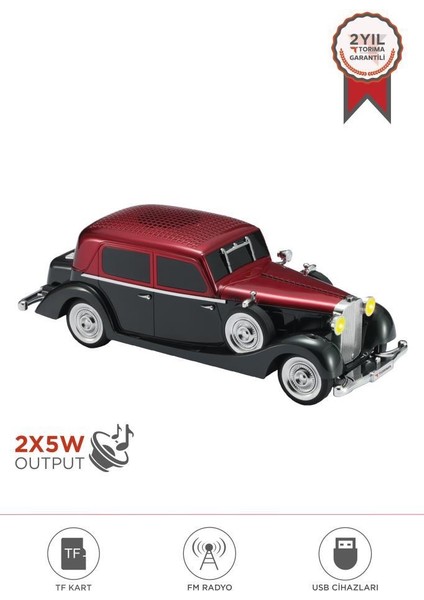 D55 Kırmızı Retro Araba Tasarımlı Bluetooth Hoparlör 2X5W Fm + USB + Tf Kart