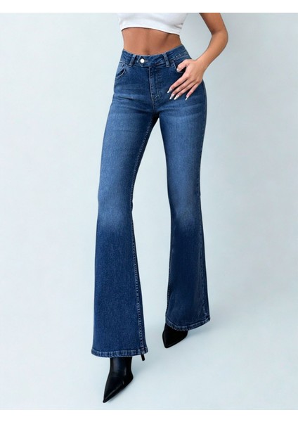 Kadın Likralı Yüksek Bel Ispanyol Paça Jens Mavi