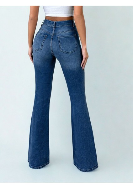 Kadın Likralı Yüksek Bel Ispanyol Paça Jens Mavi modelleri