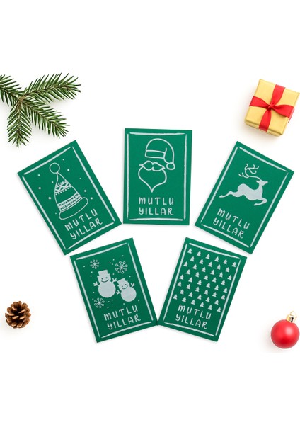10x14 CM Yılbaşı Temalı 5 Adet Tebrik Kartı 5 Farklı Model Happy New Year Yeşil Beyaz Yazı
