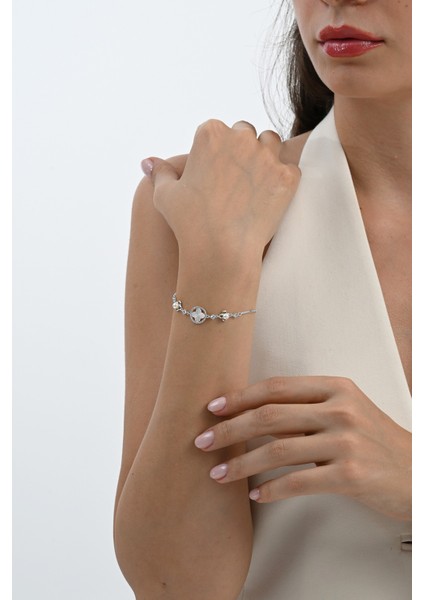 925 Ayar Gümüş Rodyumlu Inci, Sedef ve Zirkon Taşlı Asansörlü Asil Yonca Gümüş Bileklik SGTL13059RODAJ modelleri