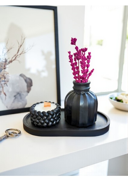 Dekoratif Vazo (Lavanta Hediyemiz), Mum ve Tepsi 3’lü Dekoratif Masa Üstü Set, Ev Dekor Aksesuarı