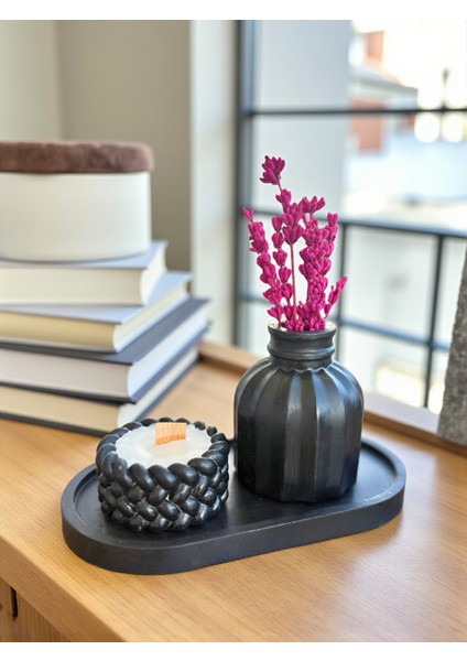 Dekoratif Vazo (Lavanta Hediyemiz), Mum ve Tepsi 3’lü Dekoratif Masa Üstü Set, Ev Dekor Aksesuarı fiyatları