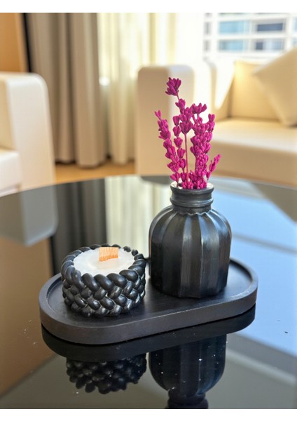 Dekoratif Vazo (Lavanta Hediyemiz), Mum ve Tepsi 3’lü Dekoratif Masa Üstü Set, Ev Dekor Aksesuarı
