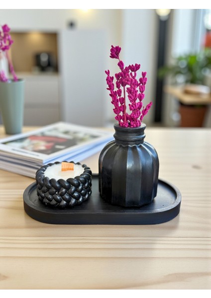 Dekoratif Vazo (Lavanta Hediyemiz), Mum ve Tepsi 3’lü Dekoratif Masa Üstü Set, Ev Dekor Aksesuarı