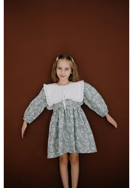 Eleanor Mint Beyaz Yaprak ve Kuş Desenli Uzun Kollu Elbise