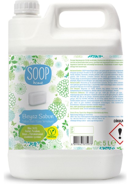 Home Beyaz Sabun Yüzey Temizleyici | Bitkisel Yağ Sabunu Bazlı | Klor SLES Fosfat Paraben Boya İçermez | İz Ve Leke Bırakmaz, Çizmeden Temizler, Durulama Gerektirmez | 5 L Refill