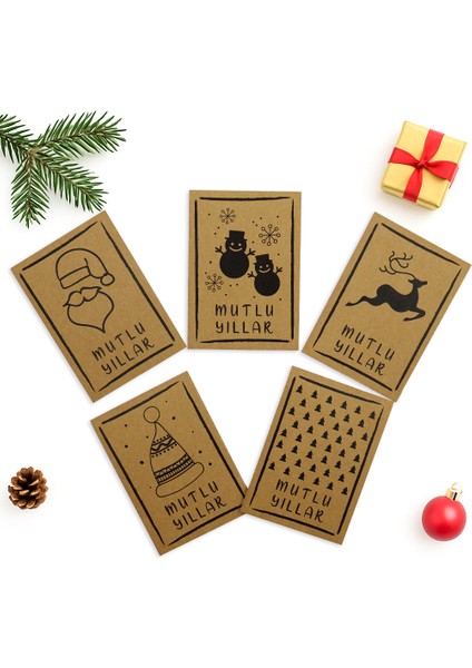 10x14 CM Yılbaşı Temalı 5 Adet Tebrik Kartı 5 Farklı Model Mutlu Yıllar Kraft Siyah Yazı