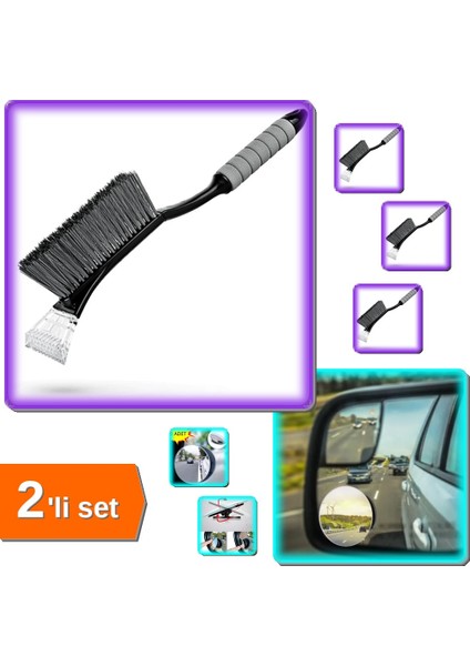 Fırçalı Buz Kazıyıcı Araç Kar Temizleyici + Çerçevesiz Ayarlanabilir Kör Nokta Aynası 2li Set R8XQJH