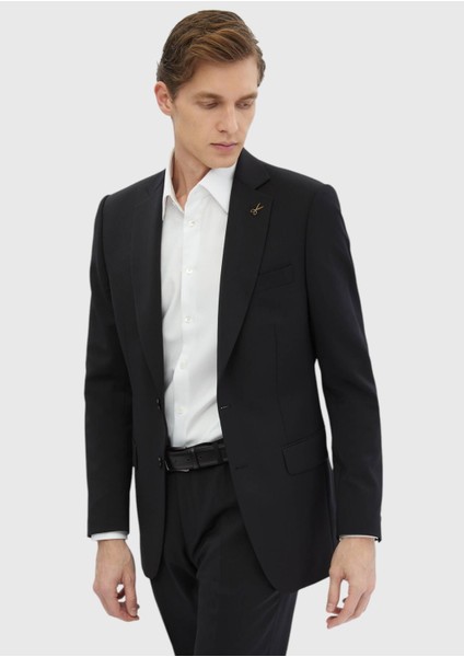 Siyah Düz Thin&taller Slim Fit %100 Yün Takım Elbise