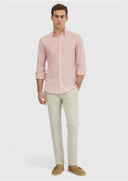 Pembe Düz Casual Fit Dokuma Casual %100 Pamuk Gömlek