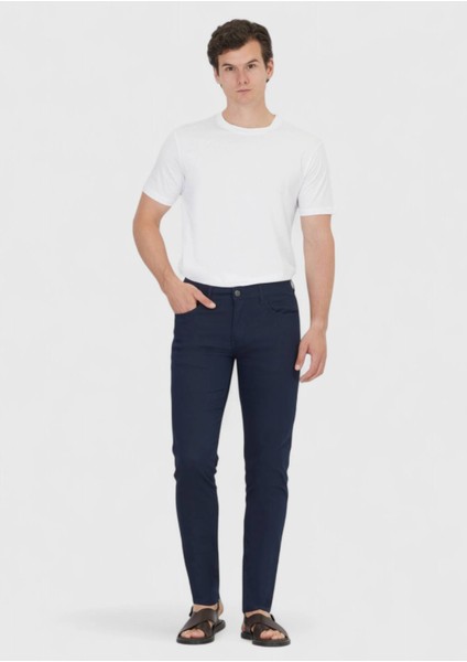 Lacivert Düz Dokuma Slim Fit Casual Pamuk Karışımlı Pantolon