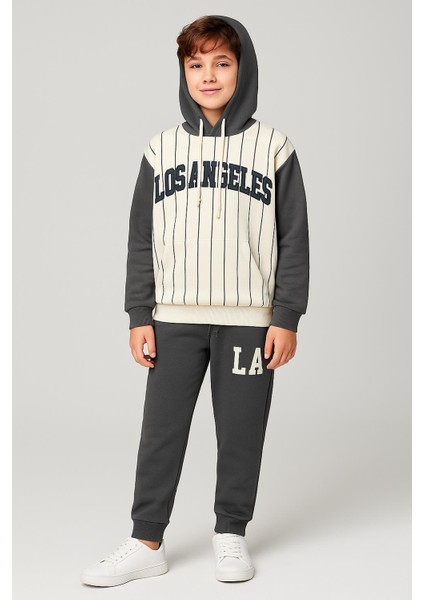 Erkek Çocuk 2 Iplik Baskılı Kapüşonlu Sweatshirt ve Eşofman Altı 2’li Takım 7489 Füme indirimleri