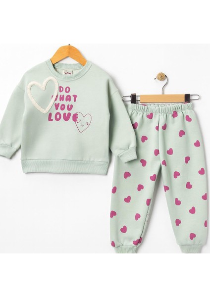 Kız Çocuk Kalp Desenli 3 Iplik Şardonlu Eşofman Takımı – Sweatshirt & Alt 10735Y indirimleri