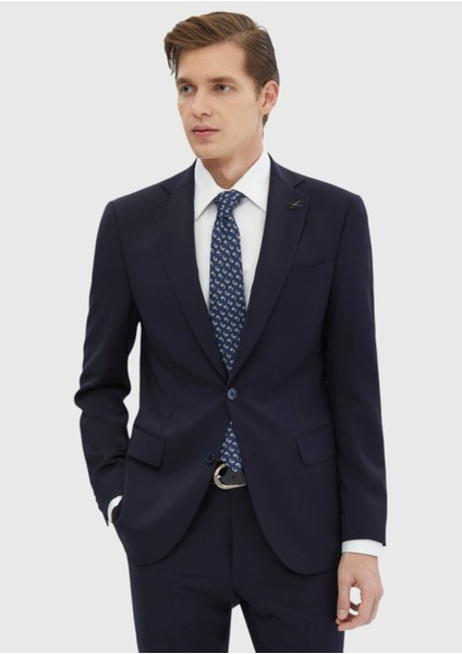 Lacivert Düz Modern Fit %100 Yün Takım Elbise