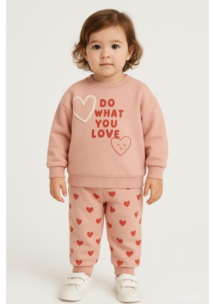 Kız Çocuk Kalp Desenli 3 Iplik Şardonlu Eşofman Takımı – Sweatshirt & Alt 10735K indirimleri