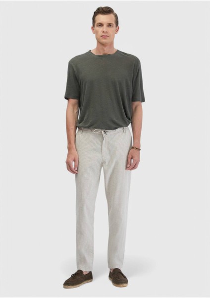 Bej Çizgili Dokuma Jogging Fit Casual Pamuk Karışımlı Pantolon