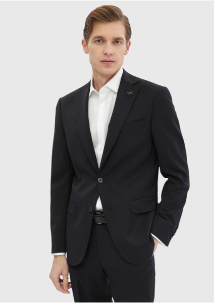 Siyah Düz Modern Fit %100 Yün Takım Elbise