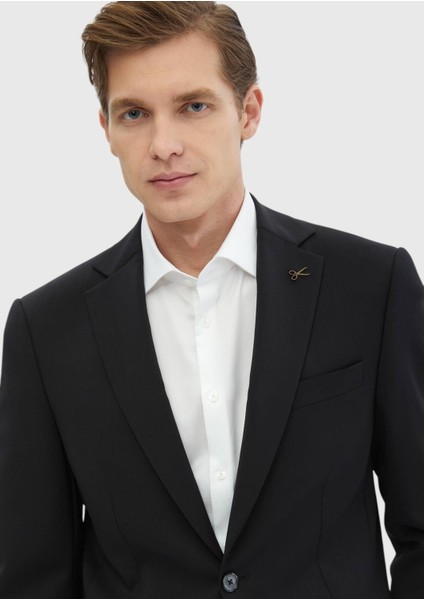 Siyah Düz Modern Fit %100 Yün Takım Elbise fırsatları