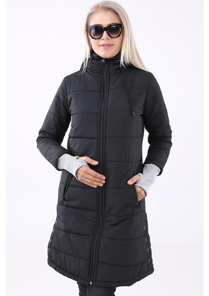 Kışlık Kapüşonlu Uzun Kadın Şişme Mont