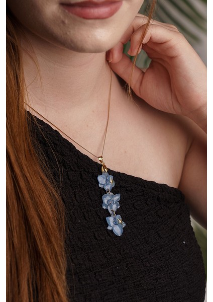 El Yapımı Mavi Orkide Çiçekli Kolye fiyatları