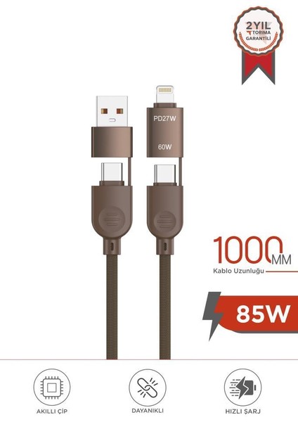 U17 Kahverengi 4-In-1, Type-C To Type-C And Ligthning -Usb Çoklu Değiştirilebilir Başlıklı 100CM - 85W Hızlı Şarj ve Data Kablosu