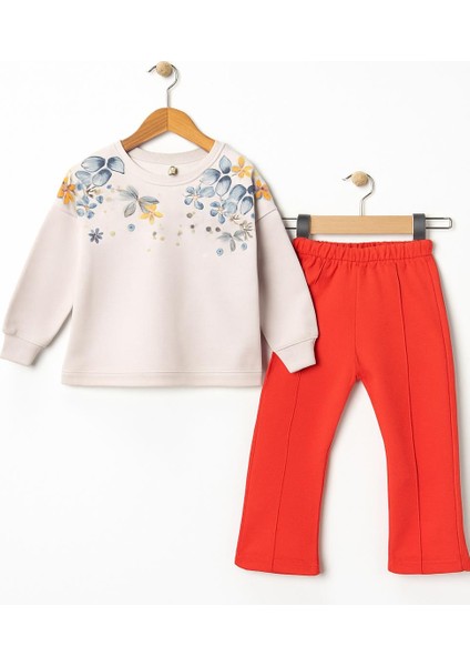 3 Iplik Şardonlu Çiçek Desenli Sweatshirt ve Kırmızı Eşofman Altı Takım 10745K fiyatları