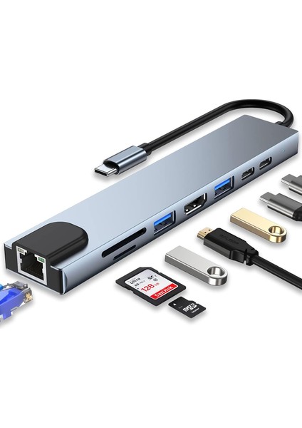 USB Type-C 8 In 1 Çoklayıcı Dönüştürücü – HDMI 4K + USB 3.0 X3 + Ethernet + Sd/tf Kart + Pd Şarj + Type-C Çoklu Hub
