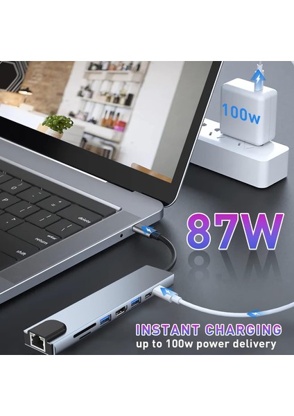 USB Type-C 8 In 1 Çoklayıcı Dönüştürücü – HDMI 4K + USB 3.0 X3 + Ethernet + Sd/tf Kart + Pd Şarj + Type-C Çoklu Hub modelleri