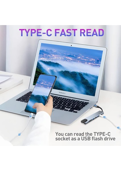 USB Type-C 8 In 1 Çoklayıcı Dönüştürücü – HDMI 4K + USB 3.0 X3 + Ethernet + Sd/tf Kart + Pd Şarj + Type-C Çoklu Hub