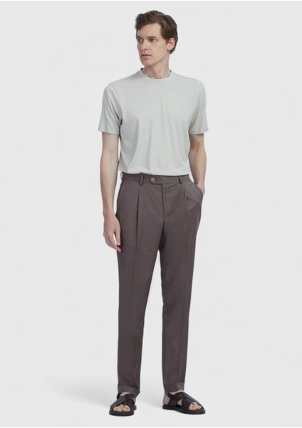 Açık Kahve Düz Kumaş Slim Fit Casual %100 Yün Pantolon
