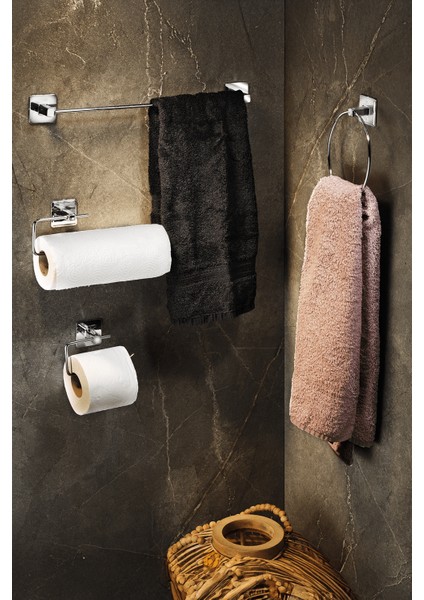 SAS Yapışkanlı Krom 4’lü Banyo & Mutfak Havluluk Seti – WC Kağıtlık, Rulo, Çember ve Uzun Havlu Askısı