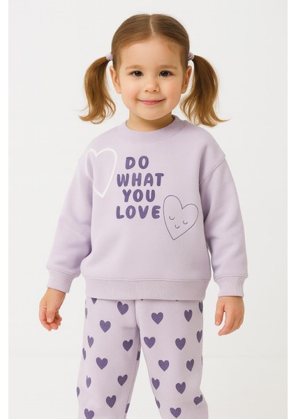Kız Çocuk Kalp Desenli 3 Iplik Şardonlu Eşofman Takımı – Sweatshirt & Alt 10735