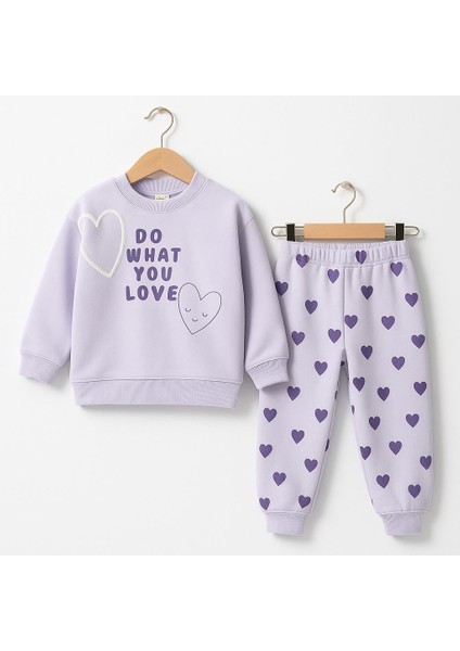 Kız Çocuk Kalp Desenli 3 Iplik Şardonlu Eşofman Takımı – Sweatshirt & Alt 10735 modelleri
