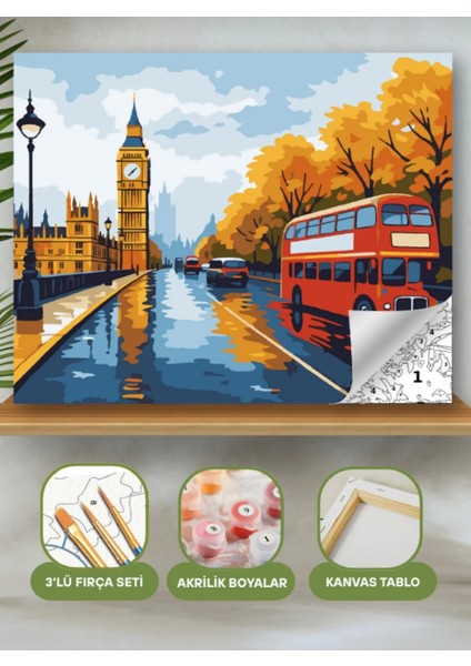 Sayılarla Boyama Seti 40X50 cm (Çıtalı) Fırça Boya Dahil Numaralı Tuval Saat Manzara