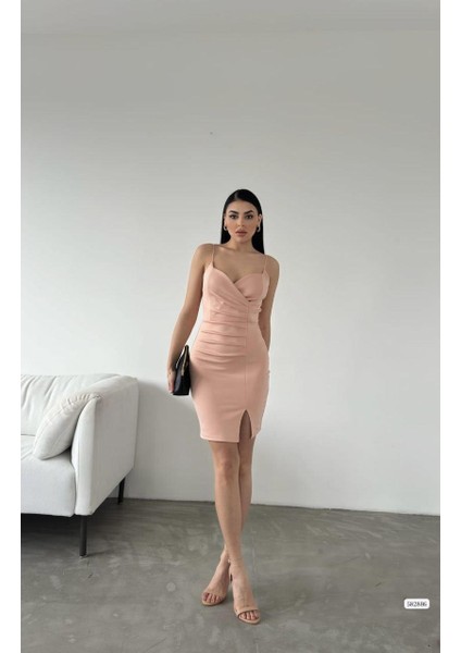 Yırtmaç Detaylı Scuba Kumaş Kadın Mini Elbise 582886 Pudra modelleri