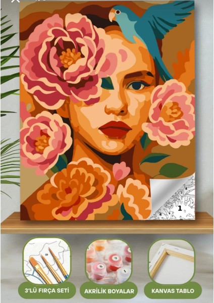 Sayılarla Boyama Seti 40X50 cm (Çıtalı) Fırça Boya Dahil Numaralı Tuval Kadın Yüzü