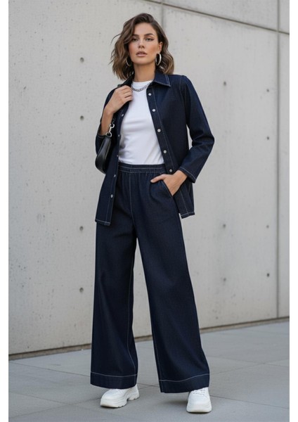 Kemeri Çıt Çıt Detaylı Ceket Pantolon Denim Takım Lacivert 9344-TK