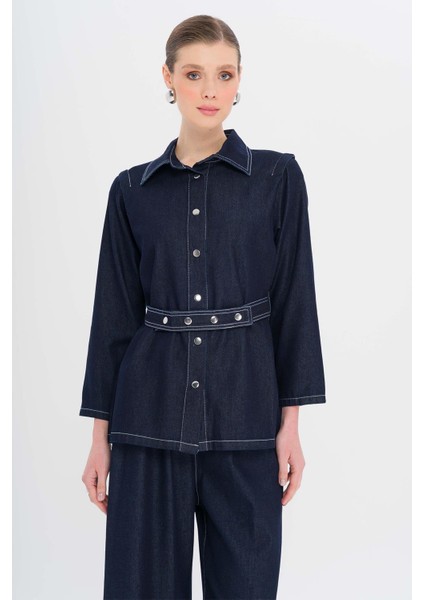 Kemeri Çıt Çıt Detaylı Ceket Pantolon Denim Takım Lacivert 9344-TK