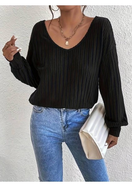 Kadın Uzun Kollu V Yakalı Pencere Sırt Dantel Detaylı Kalın Fitilli Kaşkorse Bluz fiyatları