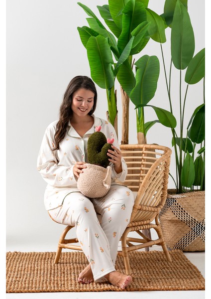 Uzun Kol Gömlek Yaka Kadın Pinterest Pijama Takımı - Mevsimlik Kadın Pijama- Büyük Beden