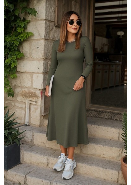 Kadın Uzun Kollu Bisiklet Yaka Arkası Çapraz Detaylı Viskon Iki Iplik Maxi Elbise modelleri