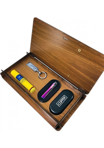 Ahşap Gazlı Metal Çakmak Seti Gökkuşağı