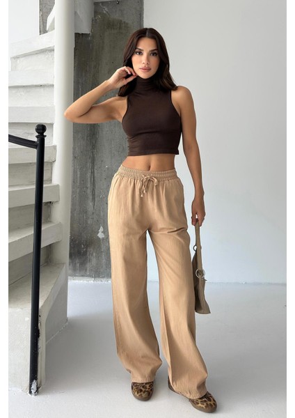 Gabardin %100 Pamuk Yüksel Bel Camel Bol Paça Palazzo Pantolon
