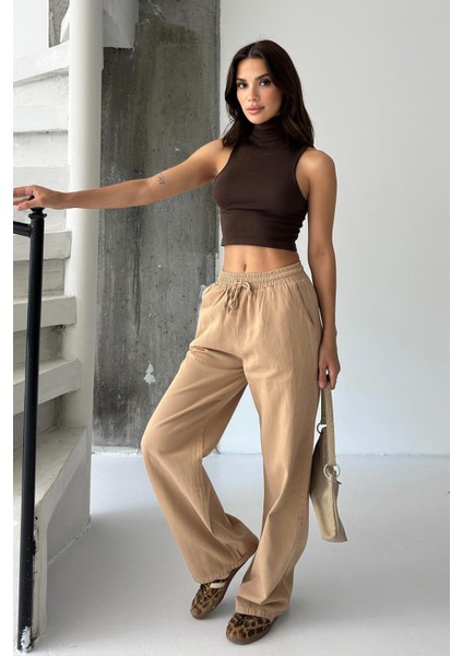 Gabardin %100 Pamuk Yüksel Bel Camel Bol Paça Palazzo Pantolon fiyatları